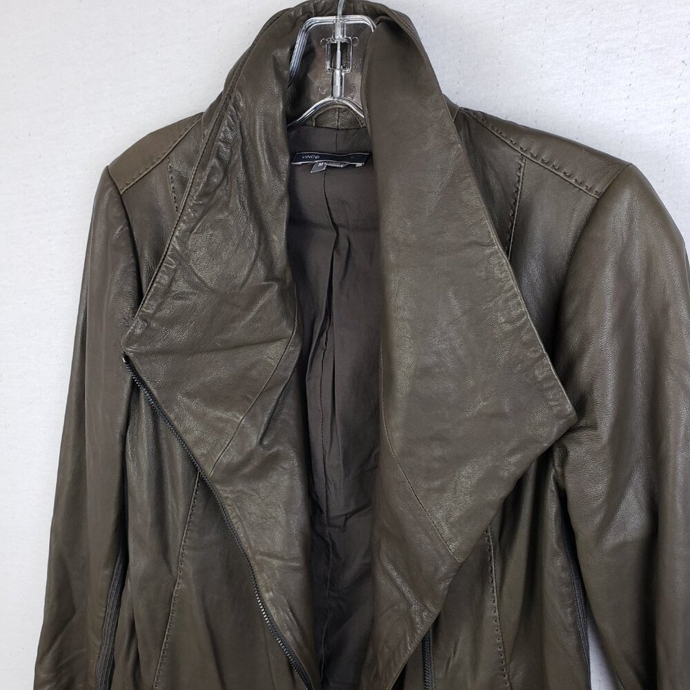 VINCE Leather Scuba Jacket Biker Lustrous Asymmetrical Minimalist Taupe Gray M - Picture 6 of 16
